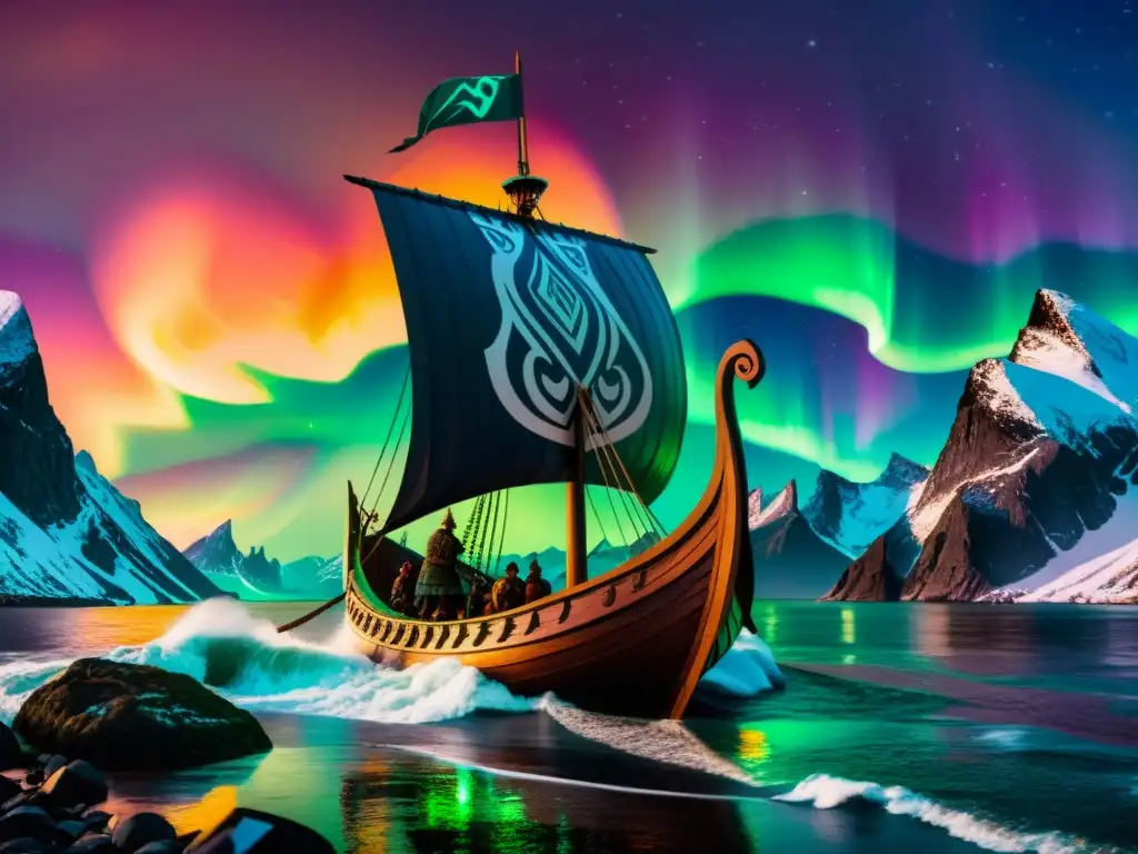 Un épico navío vikingo surca mares tormentosos bajo las auroras boreales, rodeado de montañas nevadas y runas nórdicas