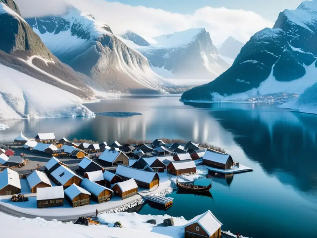 Villa vikinga en la nieve: vida y paisajes nórdicos Un épico pueblo vikingo nevado con longhouses, mercado y barcos largos, en un paisaje nórdico