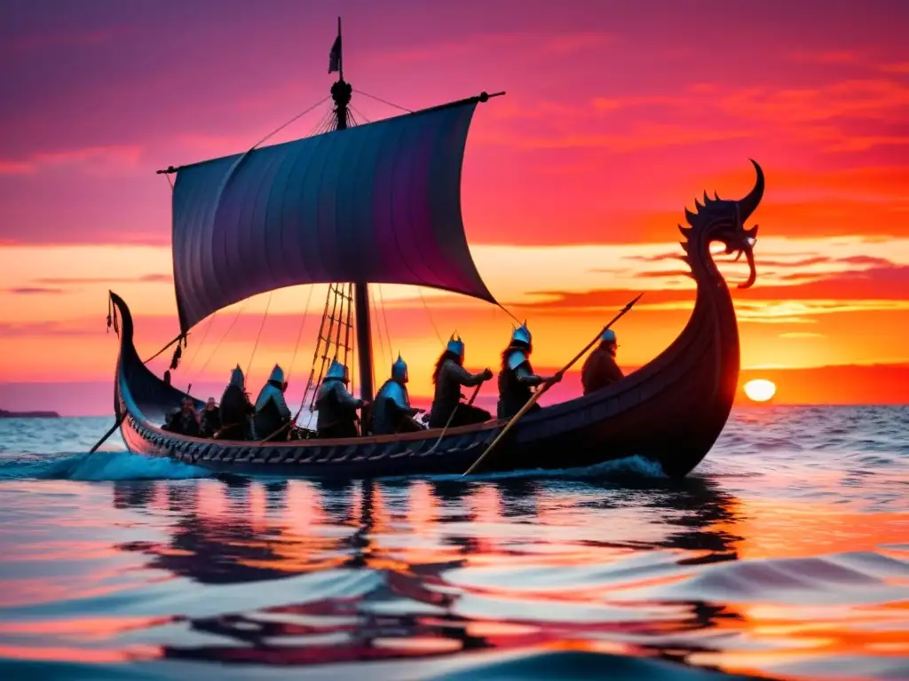 Épica travesía vikinga al atardecer: nave a dragona surca mares en llamas Un épico viaje al atardecer: un drakkar vikingo navega en un mar tranquilo bajo un cielo naranja y rosa