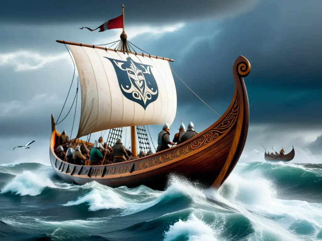 Un épico viaje en barco vikingo a través de mares turbulentos y cielos dramáticos, con guerreros nórdicos y símbolos vikingos