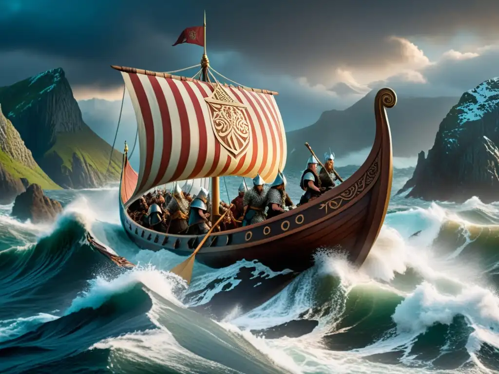 Un épico viaje en un drakkar vikingo en aguas turbulentas, con guerreros y símbolos nórdicos, evocando el Curso avanzado mitología nórdica