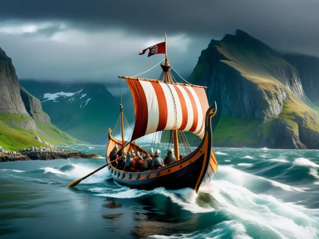 Un épico viaje en un drakkar vikingo entre aguas turbulentas y un cielo tormentoso, con guerreros nórdicos listos para la batalla