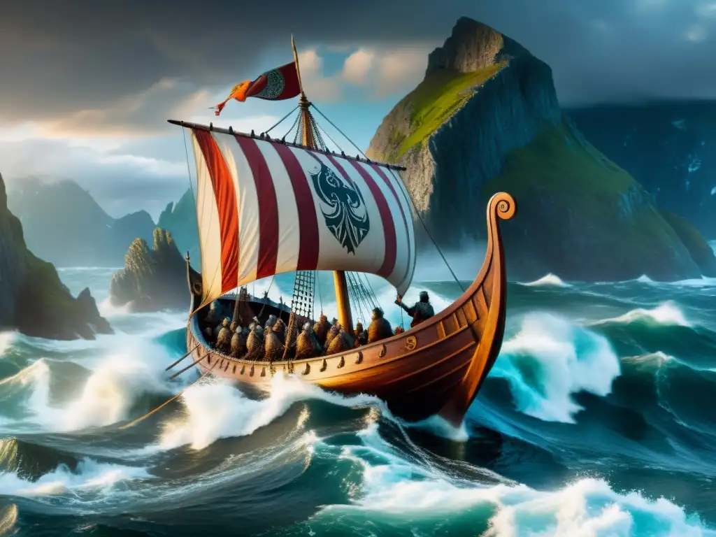 Un épico viaje en un drakkar vikingo surcando mares turbulentos, con guerreros y escudos adornados