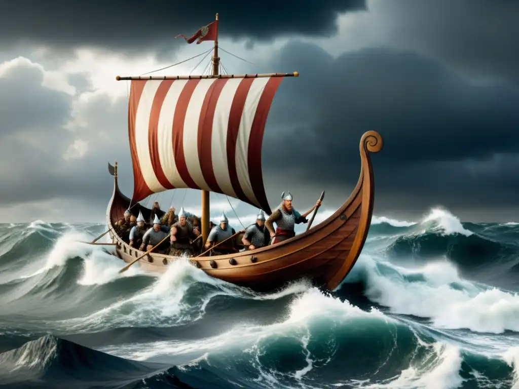 Un épico viaje de regreso de guerreros vikingos en un barco, enfrentando tormentas en altamar