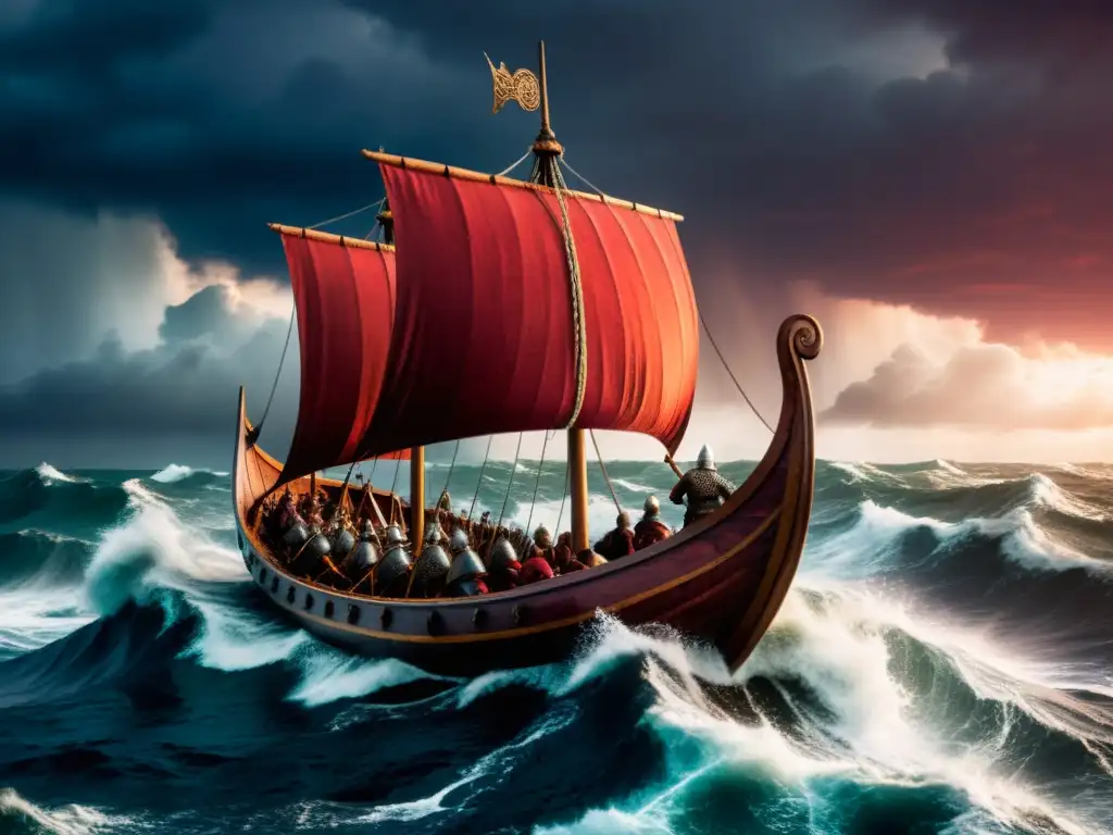 Un épico viaje de un drakkar vikingo en aguas tormentosas bajo un cielo rojo sangre, con guerreros fieros en Libros Ragnarök mitología vikinga