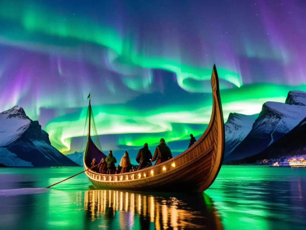 Un épico viaje en un drakkar vikingo bajo la aurora boreal