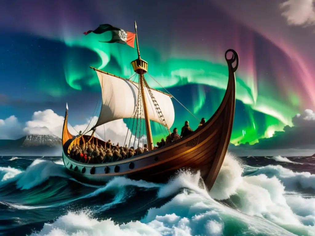 Un épico viaje vikingo bajo auroras boreales, reflejando las Sagas nórdicas y su espiritualidad actual