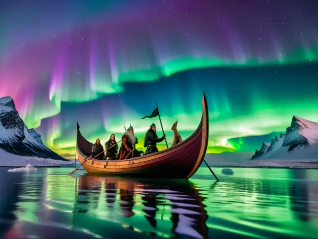 Un épico viaje en un drakkar vikingo bajo las auroras boreales, con dioses nórdicos