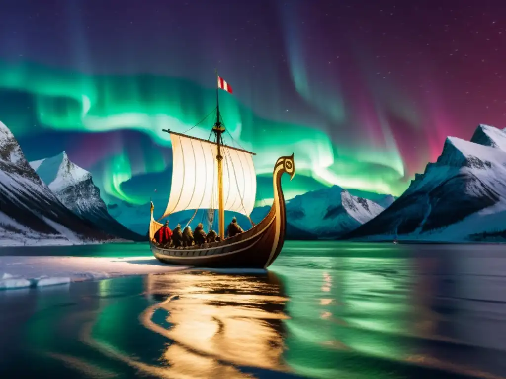 Un épico viaje vikingo bajo las auroras boreales en un fiordo helado