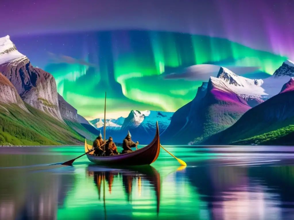 Un épico viaje de un drakkar vikingo surcando un fiordo bajo la aurora boreal