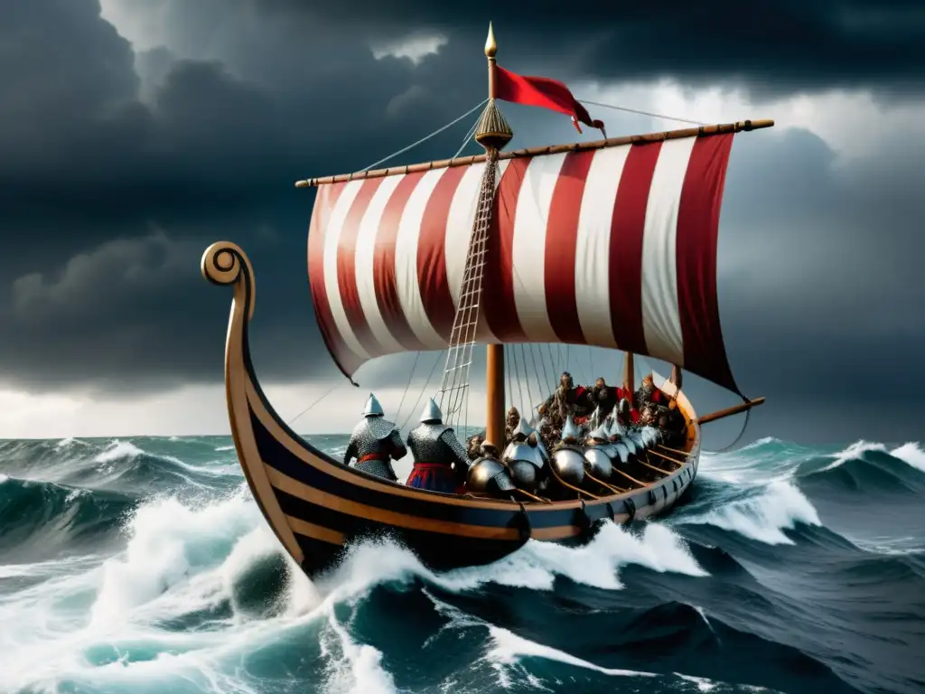 Un épico viaje en un drakkar vikingo, con guerreros valientes enfrentando tormentas en busca de destinos vikingos para vivir