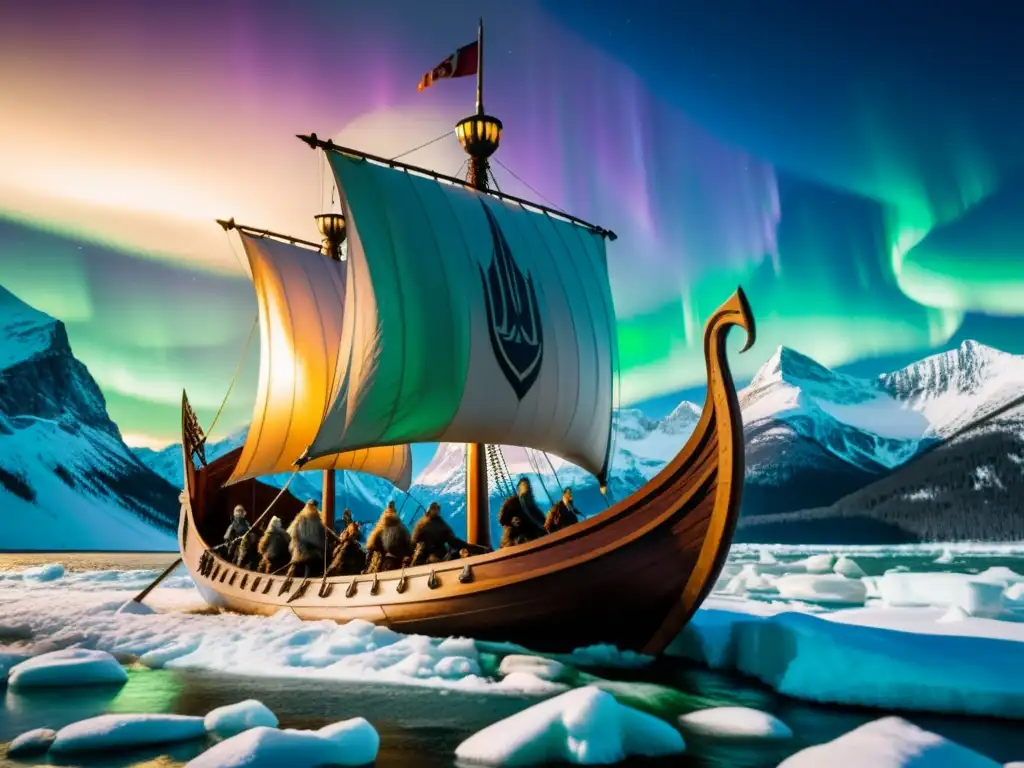 Un épico viaje en un drakkar vikingo bajo las Luces del Norte, con guerreros determinados y paisajes místicos