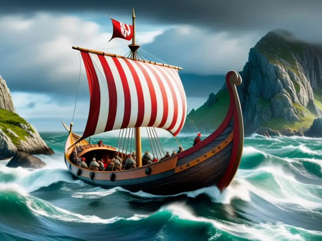 Un épico viaje vikingo a través de aguas turbulentas y paisajes escandinavos, simbolizando valentía y determinación