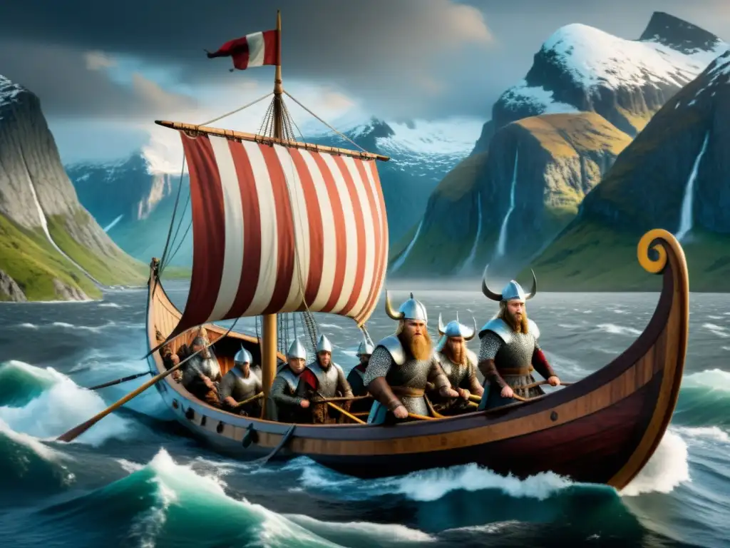 Un épico viaje en un drakkar vikingo a través de mares turbulentos y montañas nevadas, reflejando la Literatura de las Islas Vikingas