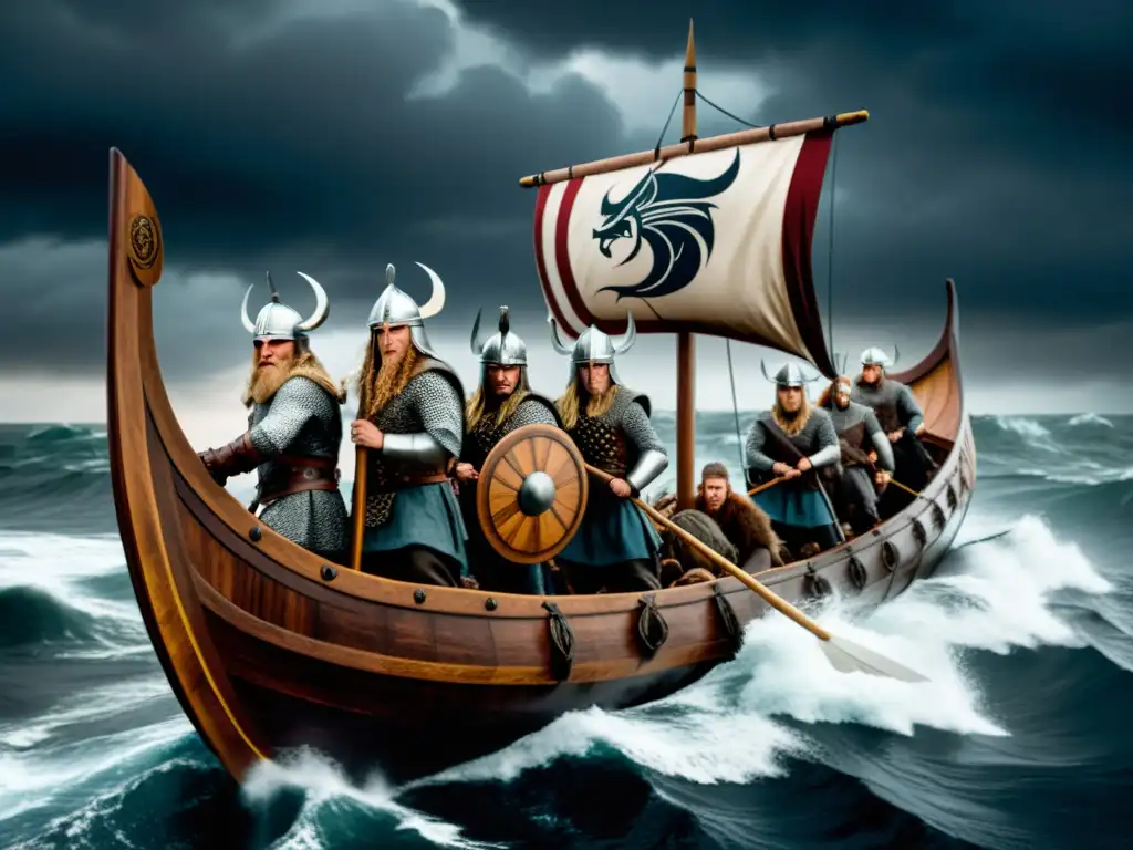 Un épico viaje en un drakkar vikingo a través de mares tormentosos, guerreros con cascos de cuernos y escudos con símbolos nórdicos