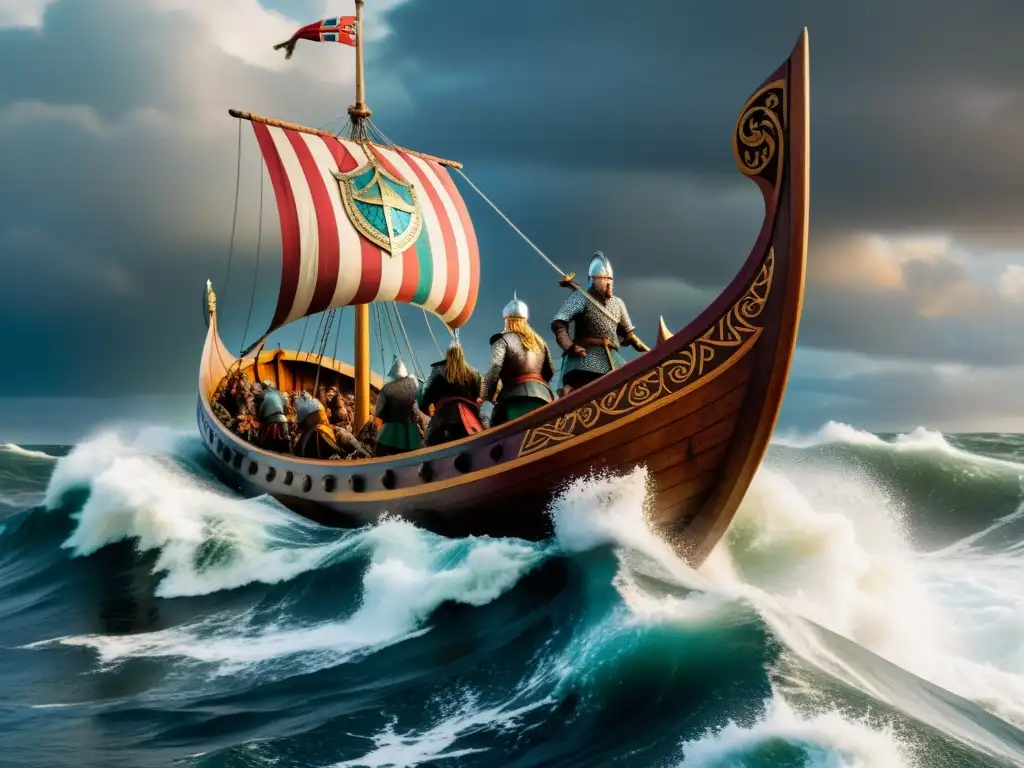 Un épico drakkar vikingo surcando mares turbulentos bajo un cielo dramático, con guerreros a bordo