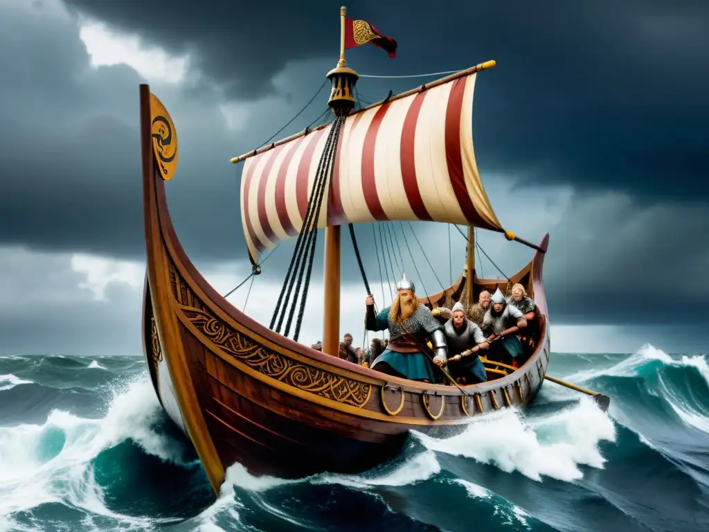 Un épico drakkar vikingo navegando en mares turbulentos, con Ragnar Lothbrok y su tripulación de guerreros en cubierta