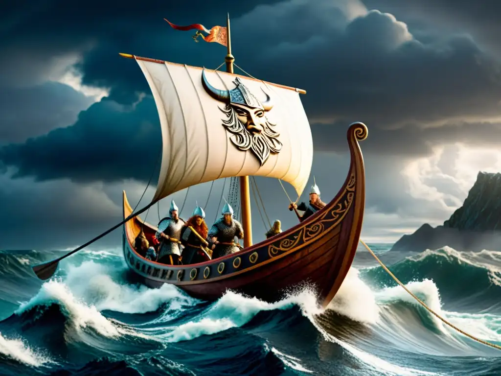 Un épico drakkar vikingo surca mares turbulentos bajo un cielo tormentoso, con guerreros remando intensamente