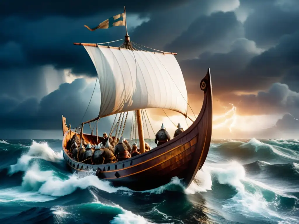 Una epopeya vikinga: un drakkar surcando el mar en tormenta, guerreros bajo un cielo dramático iluminados por relámpagos