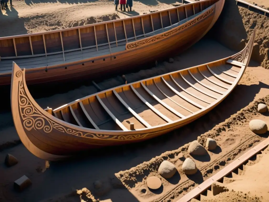 Un equipo de arqueólogos excava un antiguo barco vikingo enterrado en la tierra, revelando intrincadas tallas y runas