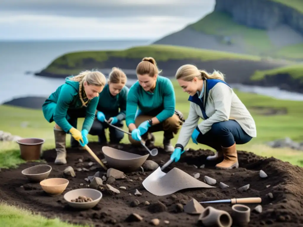 Equipo de arqueólogos descubriendo artefactos en excavación vikinga