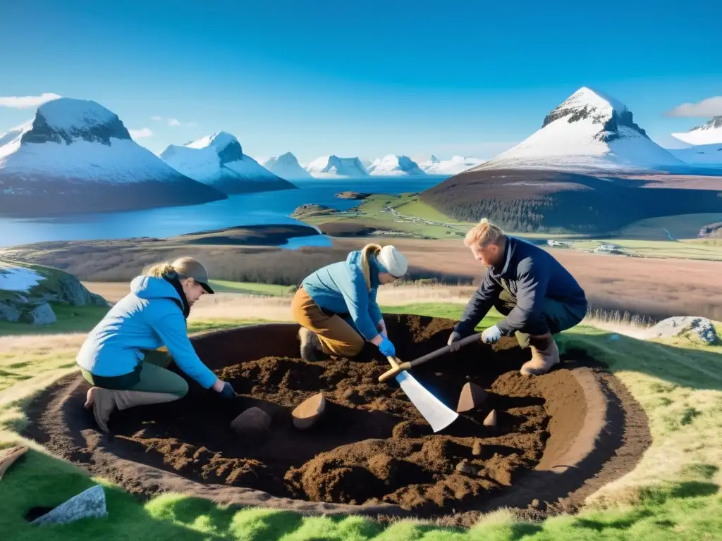 Equipo de arqueólogos descubriendo artefactos vikingos en un sitio de entierro, destacando su meticuloso trabajo