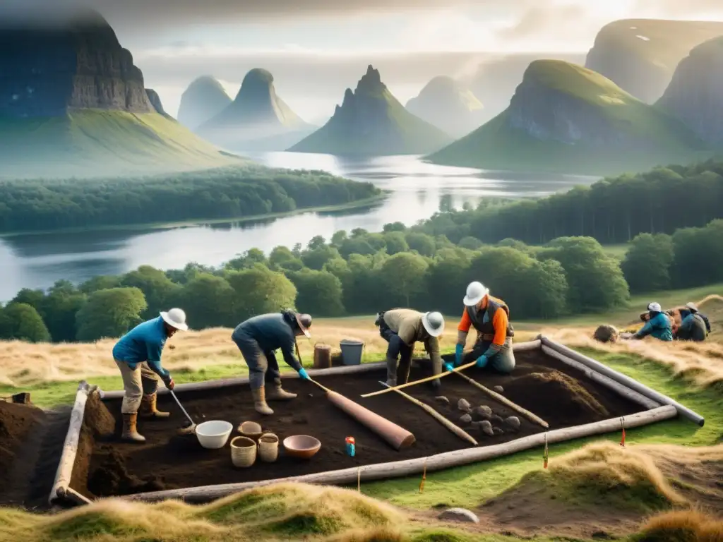 Equipo de arqueólogos descubriendo artefactos vikingos en un paisaje escandinavo neblinoso, en un documental de excavación emocionante