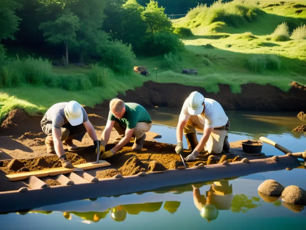 Equipo de arqueólogos excavando meticulosamente un astillero vikingo, revelando técnicas de construcción