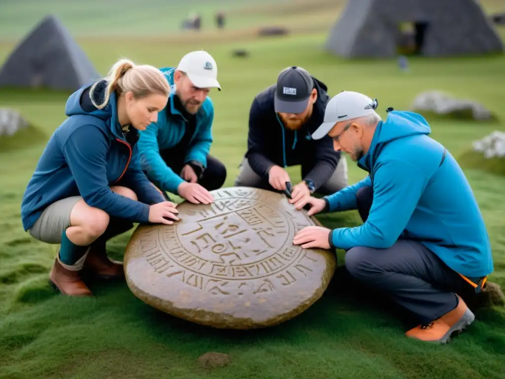 Equipo de arqueólogos usando avanzada tecnología para interpretar runas vikingas en una piedra ancestral