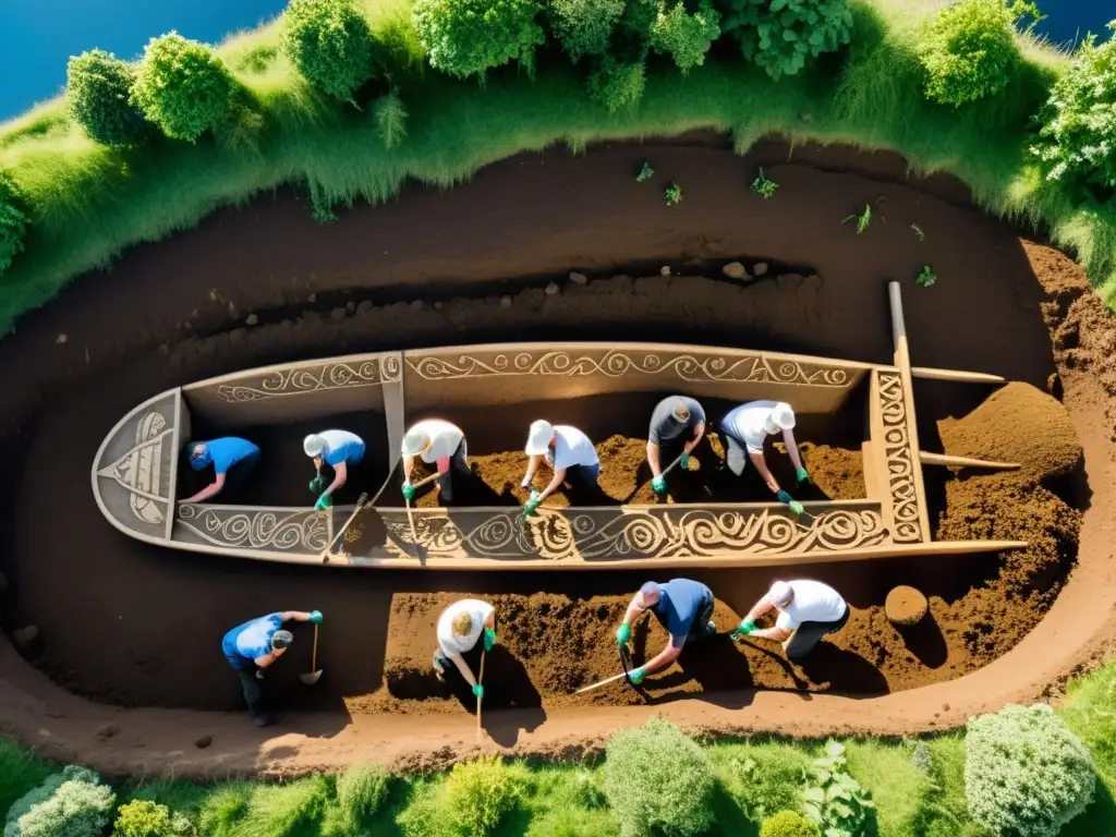 Equipo de arqueólogos descubriendo un barco vikingo decorado en un sitio de entierro, bajo el sol brillante