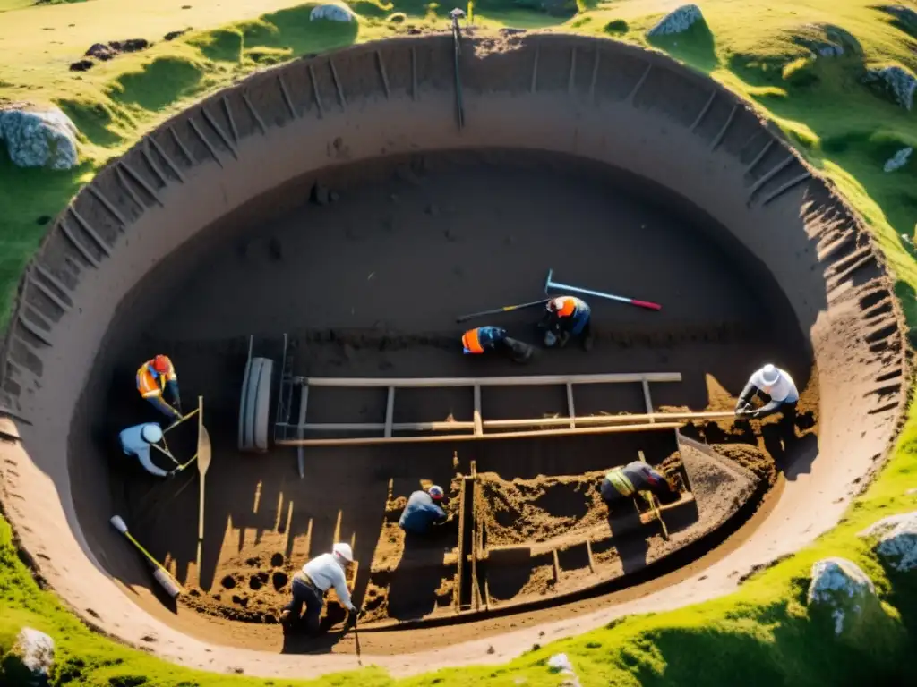 Equipo de arqueólogos excavando un barco vikingo con herramientas modernas en la costa escandinava