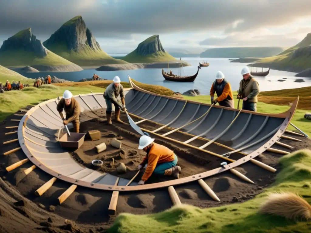 Equipo de arqueólogos excavando un barco vikingo con herramientas modernas en paisaje nórdico