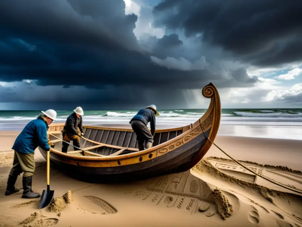 Equipo de arqueólogos excavando un barco vikingo enterrado en la playa, bajo un cielo tormentoso