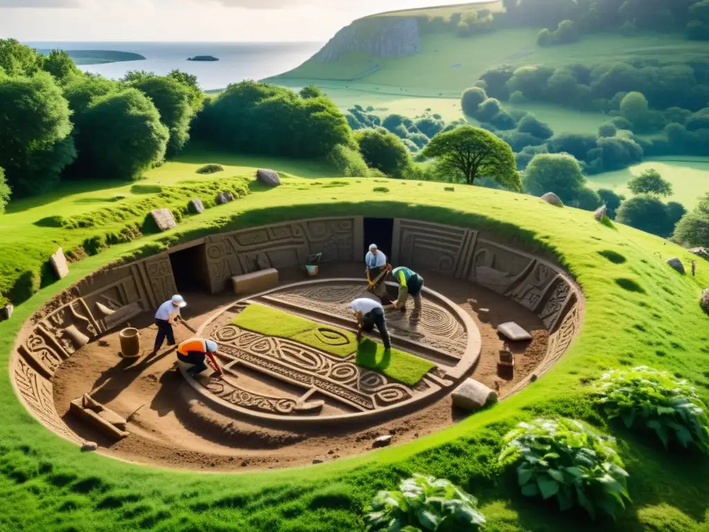 Un equipo de arqueólogos excavando un barco vikingo en el Valle de los Reyes Vikingos en Uppsala, rodeado de ruinas antiguas y exuberante vegetación