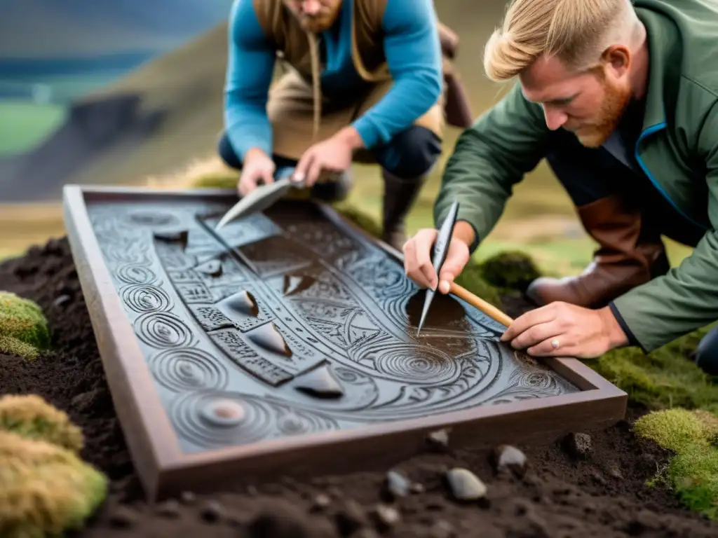 Equipo de arqueólogos excavando con cuidado un artefacto vikingo en paisaje nórdico, preservación artefactos vikingos desaparición