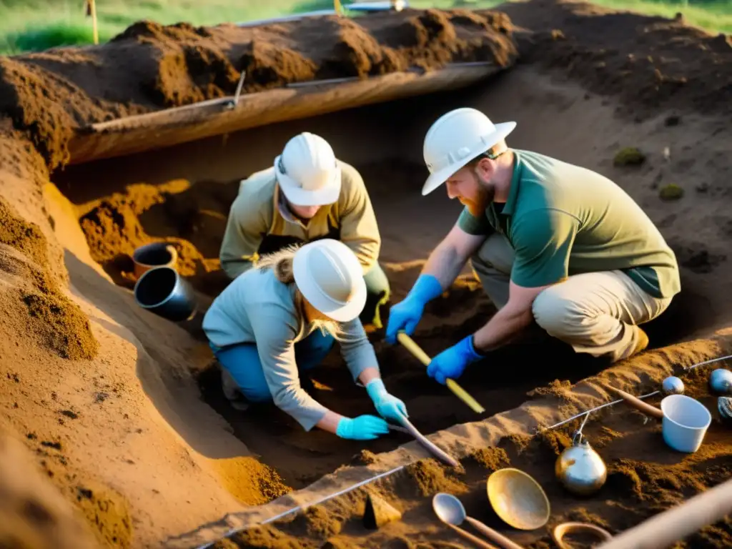 Un equipo de arqueólogos descubre con cuidado artefactos vikingos en una excavación, bañados por cálido y suave resplandor dorado