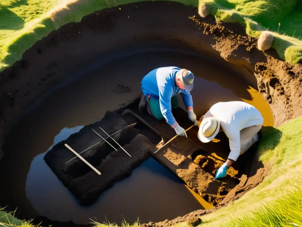 Un equipo de arqueólogos excava con cuidado un sitio funerario vikingo, mostrando técnicas conservación sitios vikingos