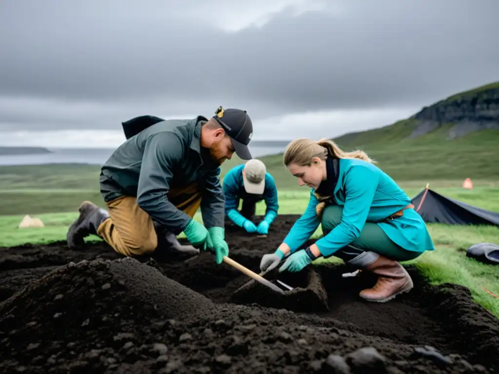 Un equipo de arqueólogos excavando con cuidado un sitio de entierro vikingo, revelando artefactos tallados y restos antiguos