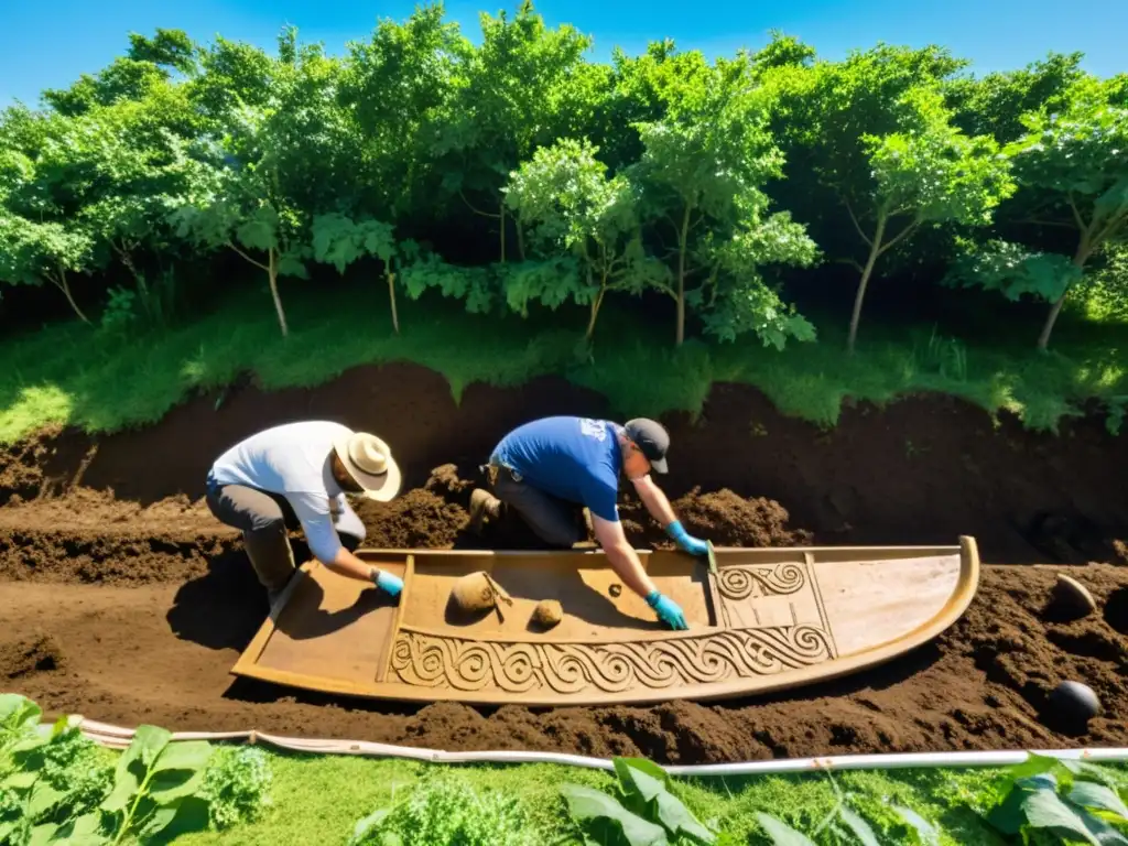 Un equipo de arqueólogos excava con delicadeza un sitio funerario vikingo, rodeado de exuberante vegetación y cielo azul