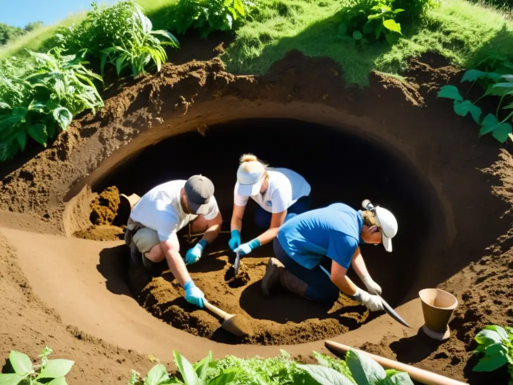 Un equipo de arqueólogos excavando con detalle un sitio funerario vikingo, rodeados de vegetación exuberante y un cielo azul