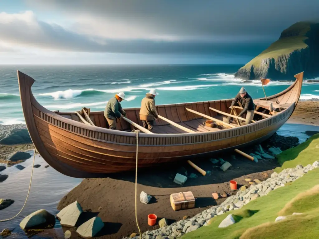 Equipo de arqueólogos reconstruyendo una embarcación vikinga en la costa del Atlántico