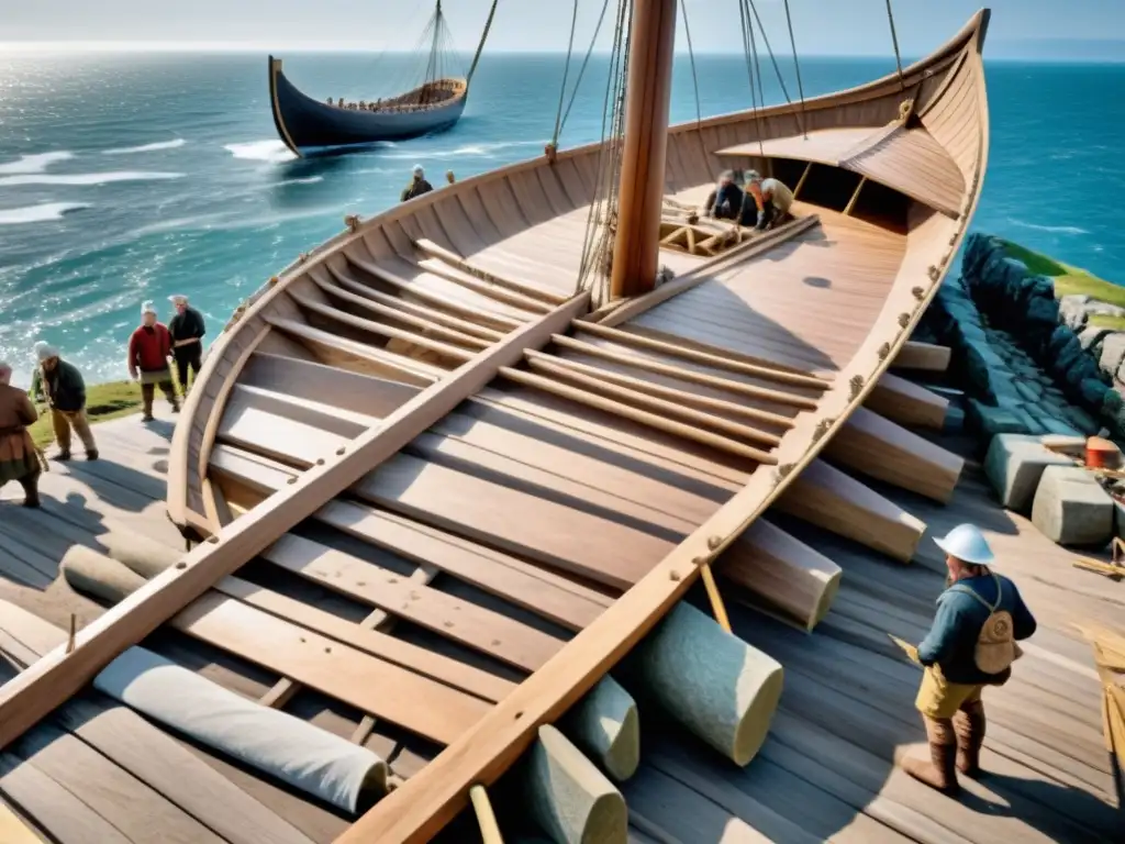 Equipo de arqueólogos reconstruyendo una embarcación vikinga en la costa del Atlántico al atardecer