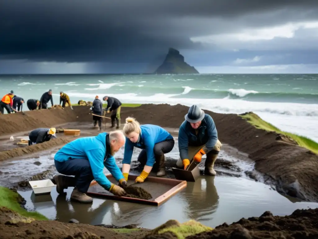 Equipo de arqueólogos excavando cuidadosamente en un entierro vikingo, revelando restos y artefactos, con dramático paisaje costero y cielo tormentoso