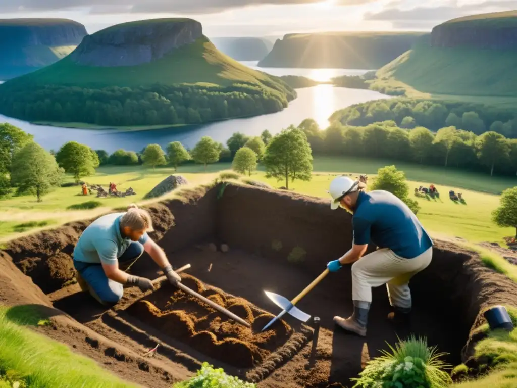 Equipo de arqueólogos descubriendo una espada vikinga en un sitio de entierro nórdico