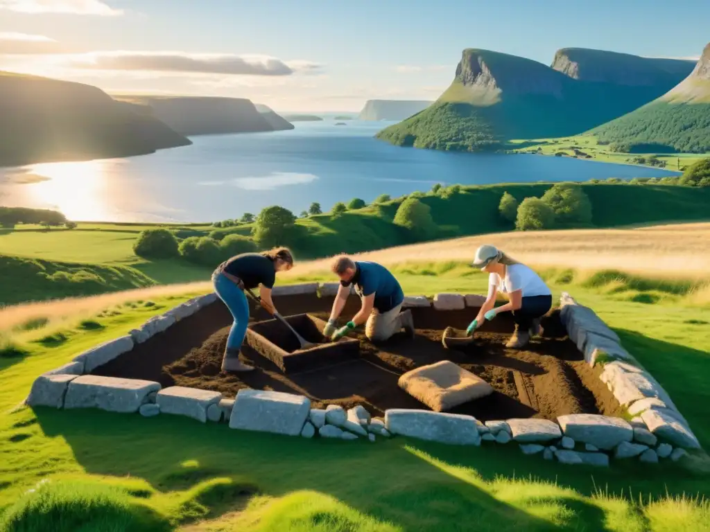 Equipo de arqueólogos en excavación detallada de templo vikingo