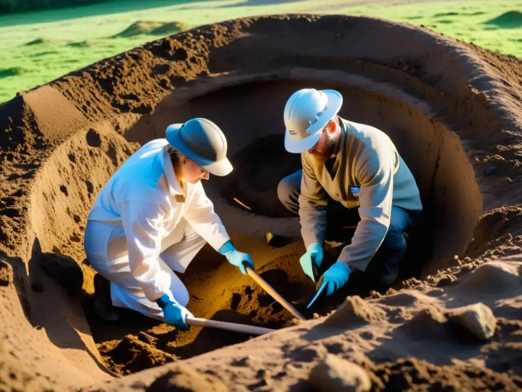 Equipo de arqueólogos forenses desenterrando un sitio funerario vikingo al amanecer, revelando artefactos antiguos y restos óseos