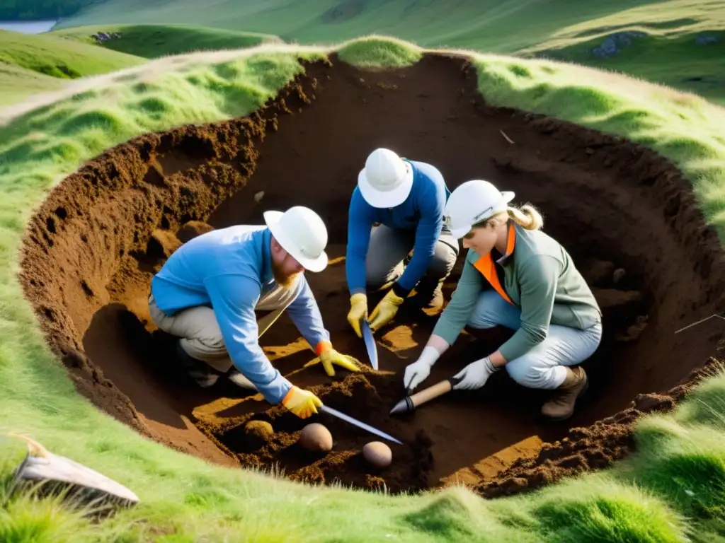 Equipo de arqueólogos forenses vikingos excavando con precisión en paisajes nórdicos