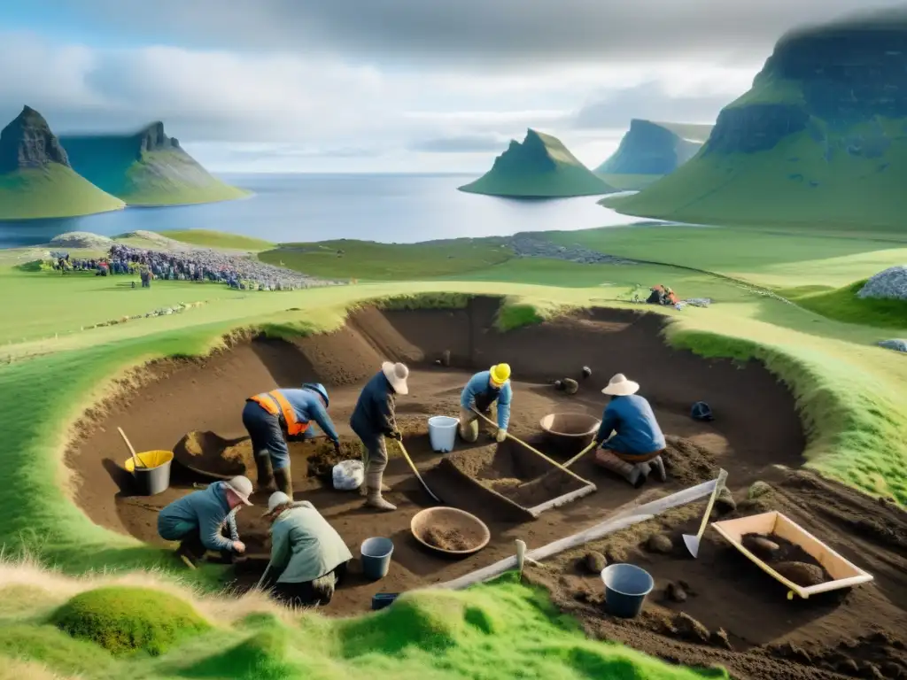 Equipo de arqueólogos excavando con herramientas esenciales en asentamientos vikingos, evocando descubrimiento histórico y ética