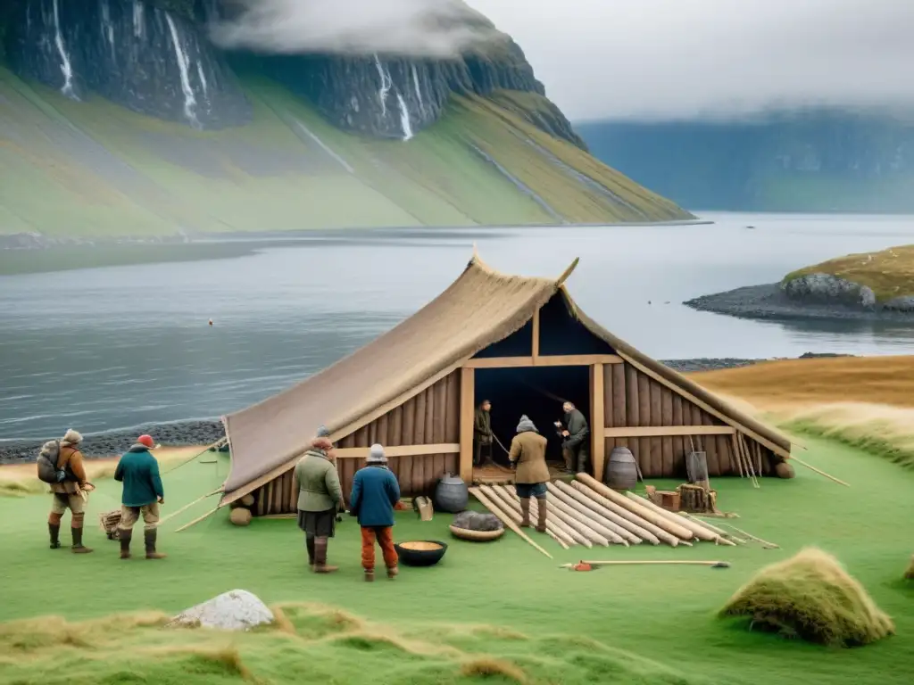 Equipo de arqueólogos y historiadores reconstruyen una casa vikinga en un fiordo nórdico neblinoso