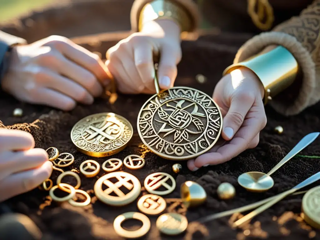 Equipo de arqueólogos descubriendo joyas vikingas enterradas impresionantes bajo la luz suave del sol en un sitio de entierro vikingo